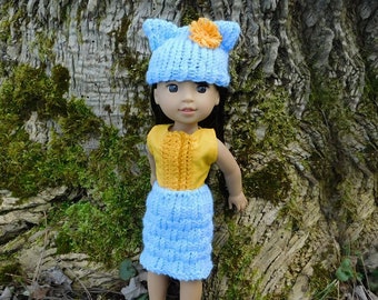 Blauw en geel 2-delige lente jurk outfit en bloemige kat oren hoed - past de meeste 14 "poppen zoals glitter wellie harten RRFF ik ben A &bright