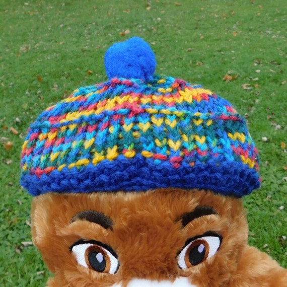 Teddy Bear Ski Cap - Multi Color Loom Knit Beanie With Blue  display picture 2