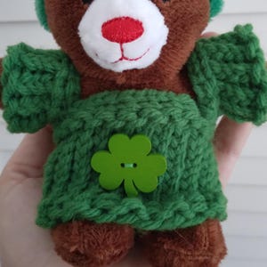 Fits Most 4&quot; - 5&quot; Bears Frogs Tiny Bartholomew and Other Plush Animals - Extra Mini Teddy Bear Green Knit Sweater with Shamrock Button