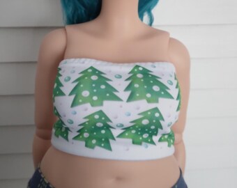 1/3 Scale Smartdoll Pear Sized White Sleeveless Tube Top - Bubbly Festive Trees Print - Smart doll Sized clothes