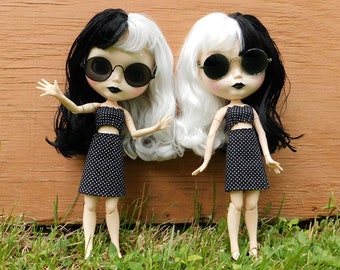 Black and White Polka Dot Skirt and Strapless Top - Blythe Sized Goth Summer Outfit - Super Cute Blythe Clothes