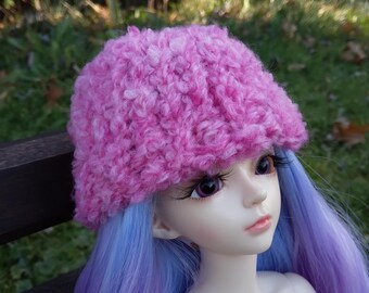 1/4 Scale Minifee Sized Hat - Fuzzy Pink Knit Hat - Loom Knit 6-7 Inch Head Sized Doll Knit Beanie - Small BJD doll clothes