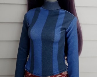 1/3 Scale Smartdoll Sized Long Sleeve Turtleneck Graphic T Shirt - Black and Blue Stripes Print - Smart doll Sized clothes