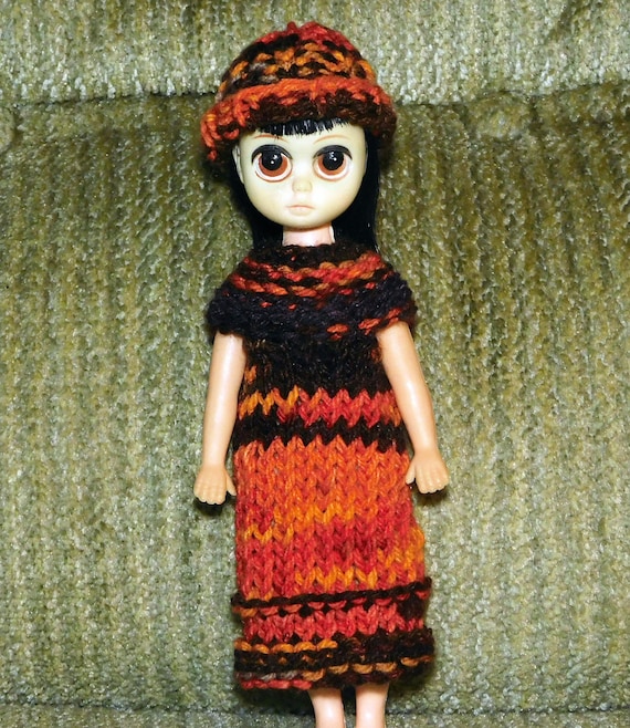 Loom Knit Doll Sweater Dress and Hat - Cute Orange and Brown Doll Outfit -  Fits Most 8" Vintage Susie Sad Eyes and Similar Style Dolls