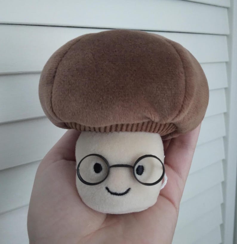 Puede incluir: Un juguete de peluche con forma de hongo con un sombrero marr&oacute;n y un tallo color crema. El juguete tiene gafas con montura negra y una cara sonriente. El hongo se sostiene en una mano.