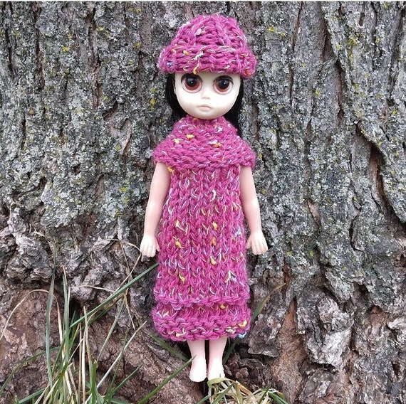 Loom Knit Doll Sweater Dress and Hat - Cute Magenta Doll Outfit - Fits Most  8" Vintage Susie Sad Eyes and Similar Style Dolls