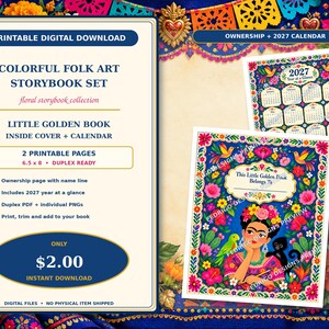 May include: A printable digital download set featuring a colorful folk art storybook cover and a 2027 calendar. The cover displays a portrait of a person with flowers in their hair, surrounded by vibrant floral patterns, birds, and a monkey.