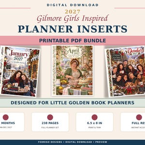 May include: A digital download bundle of 2027 Gilmore Girls inspired planner inserts for Little Golden Book planners. The printable PDF set includes 238 pages covering 12 months, featuring illustrated scenes for January, April, and December.