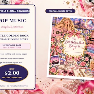 May include: A printable digital download for a Little Golden Book inside cover featuring a pop music theme. The design includes a blonde character, a cat, a microphone, a guitar, and a stack of books labeled Songs, Dreams, Stories, and Sparkles.