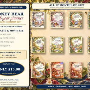 May include: A printable digital Honey Bear full-year planner for 2027, featuring a complete 12-month set with seasonal quote covers, monthly calendars, and weekly planning pages. The set includes 12 print-ready monthly PDFs at 6.5 x 8 inches.