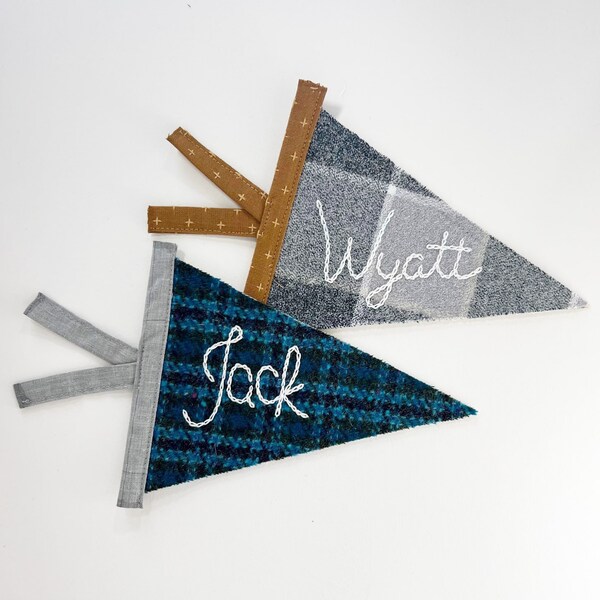 Fabric Pennant with name, Hand Embroidery Décor, Customizable CUSTOM, Made to Order, Wall art, Plaid