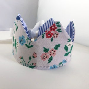 Floral/Blue Stripe Soft Fabric Crown for Play REVERSIBLE, Birthday, 1st Birthday, Flowers
