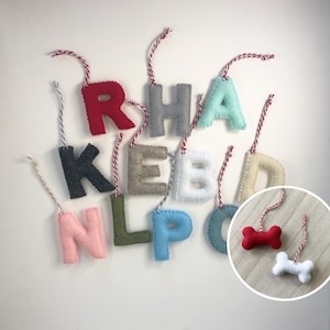 May include: Felt letter ornaments in various colors, including red, gray, beige, white, green, blue, and pink, spelling out the name "RHAKEBLNPD". A red and white felt bone ornament is also included.