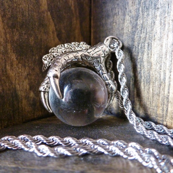 Silver Owl Talon Quartz Crystal Ball Necklace