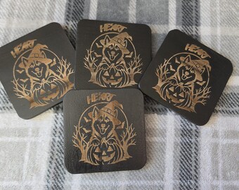 Witch Husky Coaster Set of 4, Laser Engraved Black Wood Halloween Coasters, Husky Dog Lover Gift, Halloween Hostess Gift, Gift Boxed