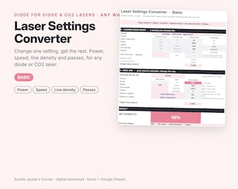 Tabellenkalkulation zur Lasereinstellungsumrechnung | Dioden- und CO2-Gravurwerkzeug (Excel + Google Sheets)
