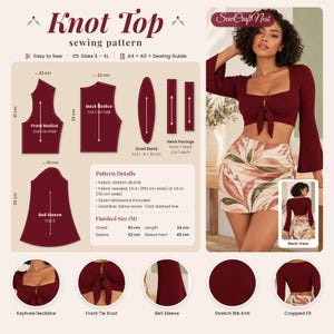 May include: A Knot Top sewing pattern by SewCraftNest featuring a maroon cropped top with bell sleeves and a keyhole tie front. The guide includes pattern pieces with dimensions in cm, fabric requirements, and finished size measurements in cm.