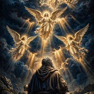 May include: A figure with long hair and a dark robe sits in a rocky landscape, holding a scroll. Above, four winged angels descend from golden light amidst dark clouds. The text THE BOOK OF ENOCH is printed in gold at the bottom of the image.