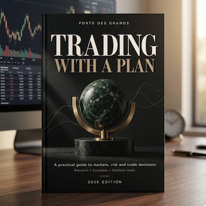 Op de afbeelding: Een hardcover boek getiteld TRADING WITH A PLAN door PORTE DES GRANDS, 2026 EDITION. De zwarte kaft toont een groene marmeren bol op een gouden standaard en een donkere marmeren voet. Ondertitel: A practical guide to markets, risk and trade decisions.