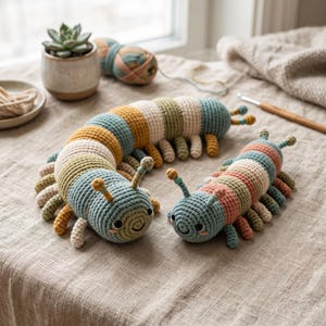 May include: Two crocheted caterpillar toys in varying sizes, featuring segmented bodies in muted tones of blue, green, yellow, and cream. Each toy has small antennae with beads, embroidered eyes, and multiple tiny legs along the sides of their bodies.