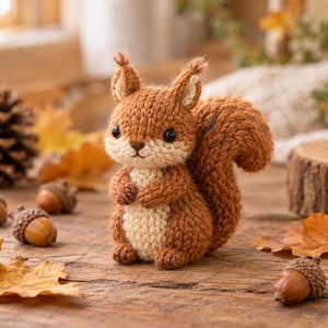 May include: A small, hand-knitted squirrel figurine made of brown and cream-coloured yarn. The squirrel has a bushy tail, pointed ears with tufts, and black bead eyes. It is positioned in an upright sitting posture with its front paws tucked.