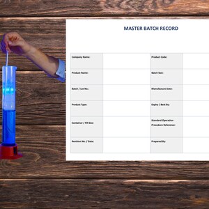 May include: A Master Batch Record document template featuring a grid with fields for Company Name, Product Code, Product Name, Batch Size, Batch/Lot No., Manufacture Date, Product Type, Expiry/Best By, Container/Fill Size, SOP Reference, and Prepared By.