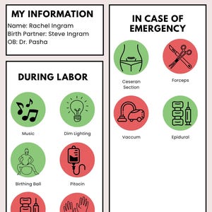 Puede incluir: Un documento de plan de parto titulado MY BIRTH PLAN con secciones para MY INFORMATION, DURING LABOR e IN CASE OF EMERGENCY. Incluye iconos para música, iluminación tenue, pelota de parto, pitocina, epidural, revisiones cervicales, cesárea, fórceps y vacío.