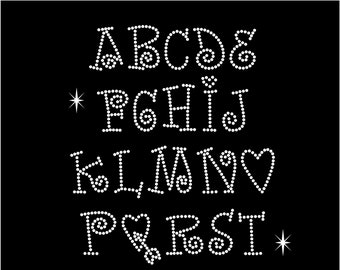 Valentine font, Curly rhinestone letters, Girly font rhinestone iron on letters, bedazzled letters, Curly alphabet template, Bejeweled patch