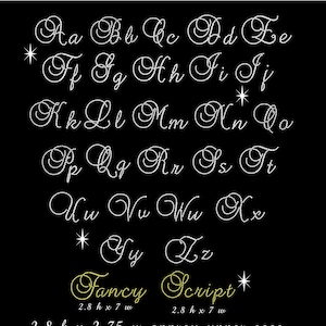 May include: A white rhinestone alphabet in a fancy script font. The letters are approximately 2.8 inches tall and 2.75 inches wide. The lower case letters are approximately 1.5 inches tall and 1 inch wide.