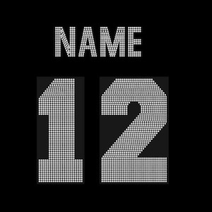 May include: A black background with a white rhinestone design of the word "NAME" and the number "12".