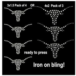 May include: Four iron-on rhinestone designs of a Texas Longhorn steer head. The designs are ready to press and come in two sizes: 3x1.5 inches and 4x2 inches.