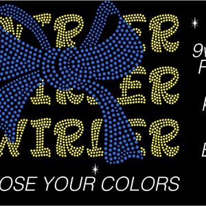 May include: A yellow and blue iron-on rhinestone design that says "Twirler" with a blue and yellow bow in the middle. The design is 9 inches wide by 5 inches high. The text "Choose Your Colors" is at the bottom of the design.