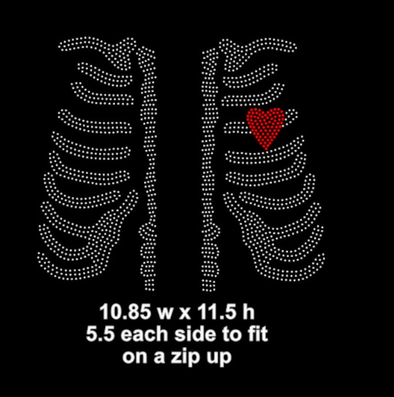 May include: Rhinestone design of a ribcage with a red heart in the center. The design is 10.85 inches wide and 11.5 inches high. It is 5.5 inches on each side to fit on a zip up.