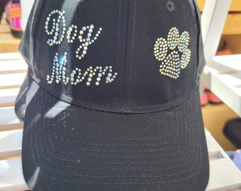 Dog Mom bling on hat, Dog paw on hats, baseball caps, trucker hats, custom hats, custom caps, bling dog mom hat, snap back med profile hat