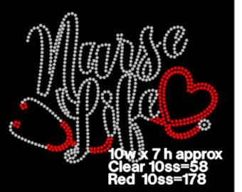 May include: Nurse Life rhinestone design with a stethoscope and heart. The design is approximately 10 inches wide and 7 inches high. It uses 58 clear rhinestones and 178 red rhinestones.