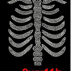 May include: White rhinestone design of a ribcage on a black background. The design measures 9 inches wide by 11 inches high.