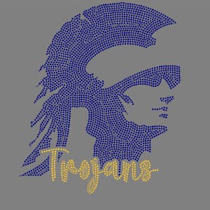 May include: A blue and gold rhinestone design of a Spartan warrior's head with the word "Trojans" underneath.