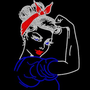May include: A rhinestone design of a woman with a red headband and blue clothing, with her arm raised in a strong pose.