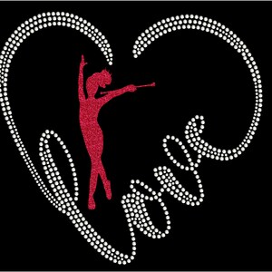 May include: A red glitter silhouette of a twirler holding a baton inside a white rhinestone heart with the word "love" spelled out in rhinestones.