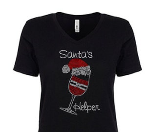 Santas Helper Wine bling shirts, wine bling tee, or DIY wine rhinestone iron on, Christmas wine bling