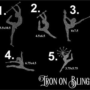May include: Five white rhinestone baton twirler silhouettes on a black background, labeled 1 through 5 with dimensions in inches: 3.5x10.5, 4.5x6.5, 6x7.5, 6.75x4.5, and 3.75x5.75. The text Iron On Bling is displayed at the bottom right corner.