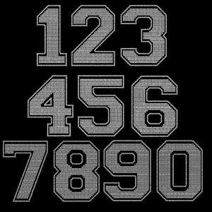 8 inch athletic rhinestone numbers, number iron on hotfix transfer, college font numbers. Large jersey rhinestone numbers, team numbers