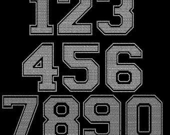 8 inch athletic rhinestone numbers, number iron on hotfix transfer, college font numbers. Large jersey rhinestone numbers, team numbers