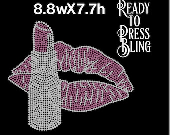 Lips and lipstick, iron on bling, rhinestone lips, ready to press bedazzled patch, decal, diamond applique, rhinestone transfers, template