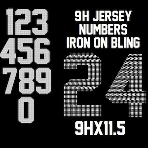 May include: Black background with white jersey numbers 0-9 and the numbers 24. Text reads "9H JERSEY NUMBERS IRON ON BLING" and "9HX11.5". The numbers are made of small white dots.