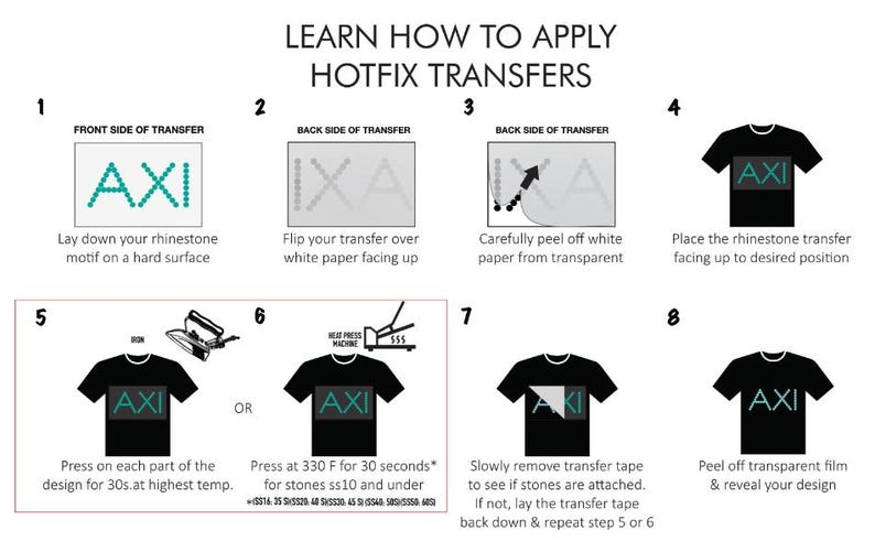May include: An instructional graphic with numbered steps on how to apply hotfix transfers. The steps include laying down the rhinestone motif, flipping the transfer, peeling off paper, and pressing with an iron or heat press. The text reads "Learn How to Apply Hotfix Transfers."