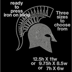 May include: Iron-on rhinestone design of a Spartan helmet in white. Three sizes are available: 12.5 inches high by 11 inches wide, 9.75 inches high by 8.5 inches wide, or 7 inches high by 6 inches wide.