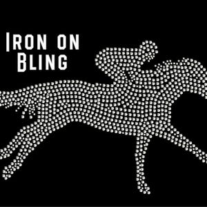May include: Iron-on bling design featuring a white horse with a jockey, made of rhinestones. The design says "Iron On Bling" at the top.