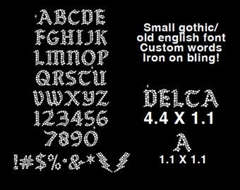 SMALL Gothic/modern rhinestone letters, rhinestone iron on hotfix transfer, DIY bling. Personalized rhinestone letters, small bling letters