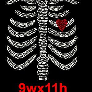 May include: A white rhinestone design of a ribcage with a red rhinestone heart in the center. The design is on a black background and includes the text "9wx11h".